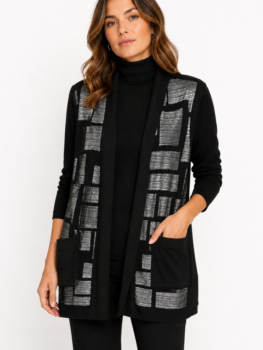 Joseph Ribkoff Silver Metallic Black Mesh Front Cardigan Jacket